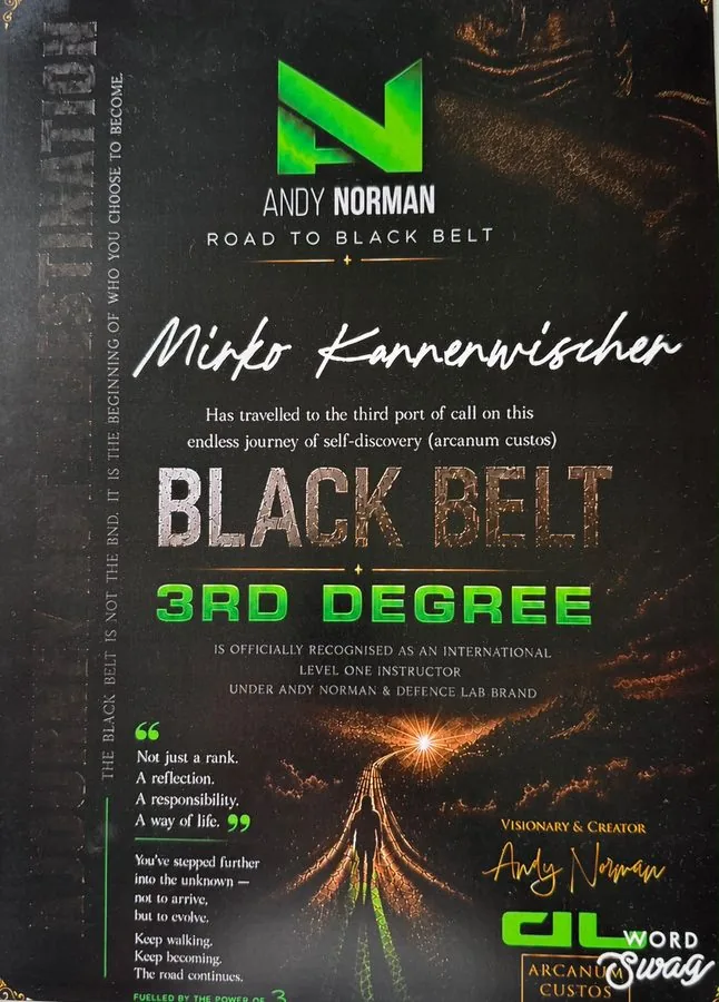 Zertifikat „Road to Black Belt – Black Belt 3rd Degree“ von Andy Norman für Mirko Kannenwischer