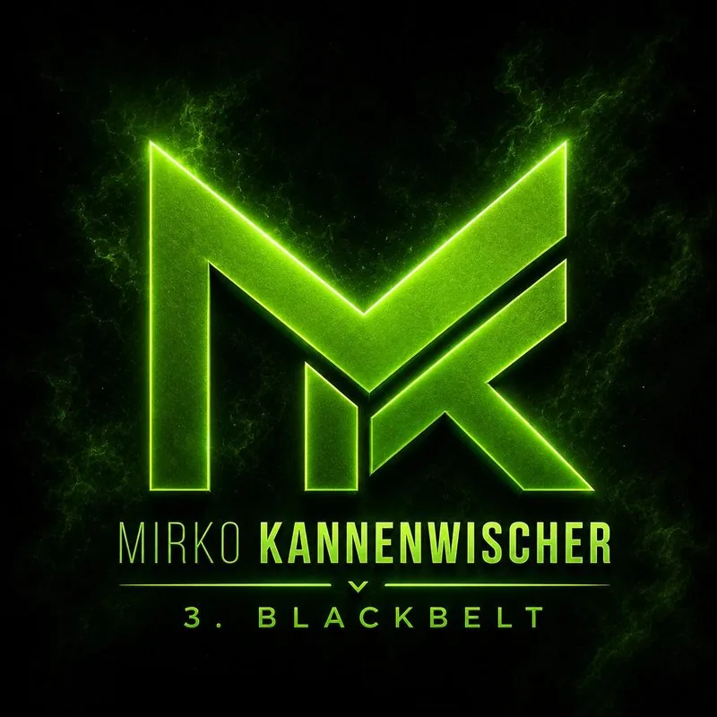 Emblem-Grafik in Neongrün: MK-Logo „Mirko Kannenwischer – 3. Blackbelt“
